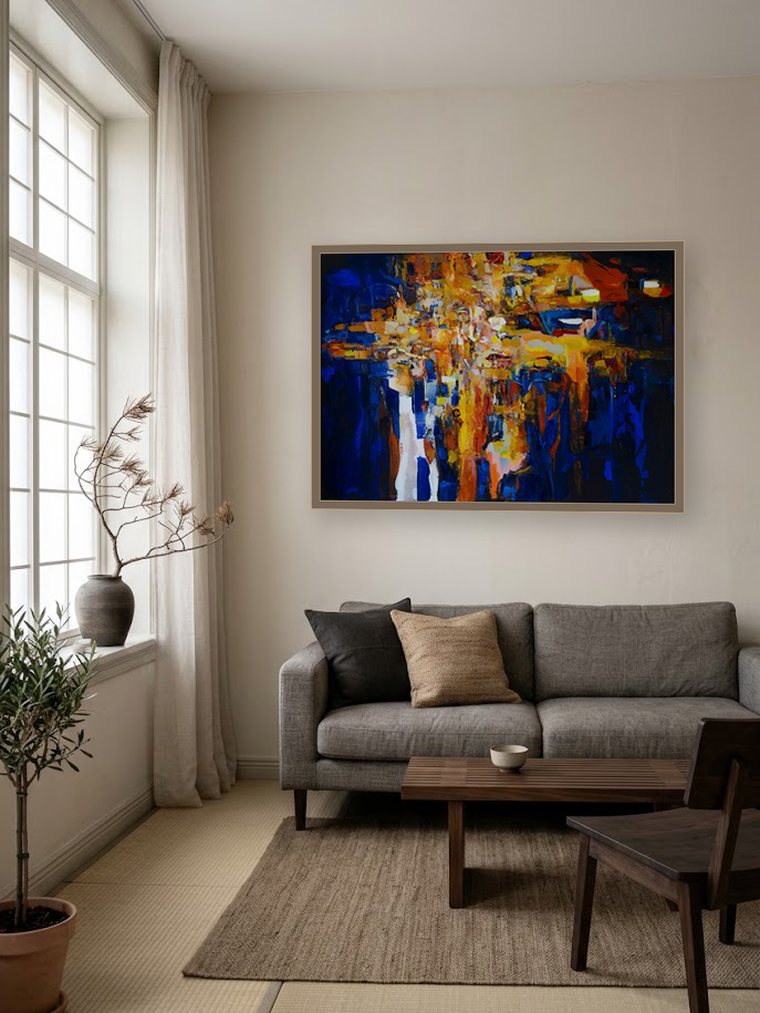 Abstract blue and gold oil painting in a calm, neutral Japandi room