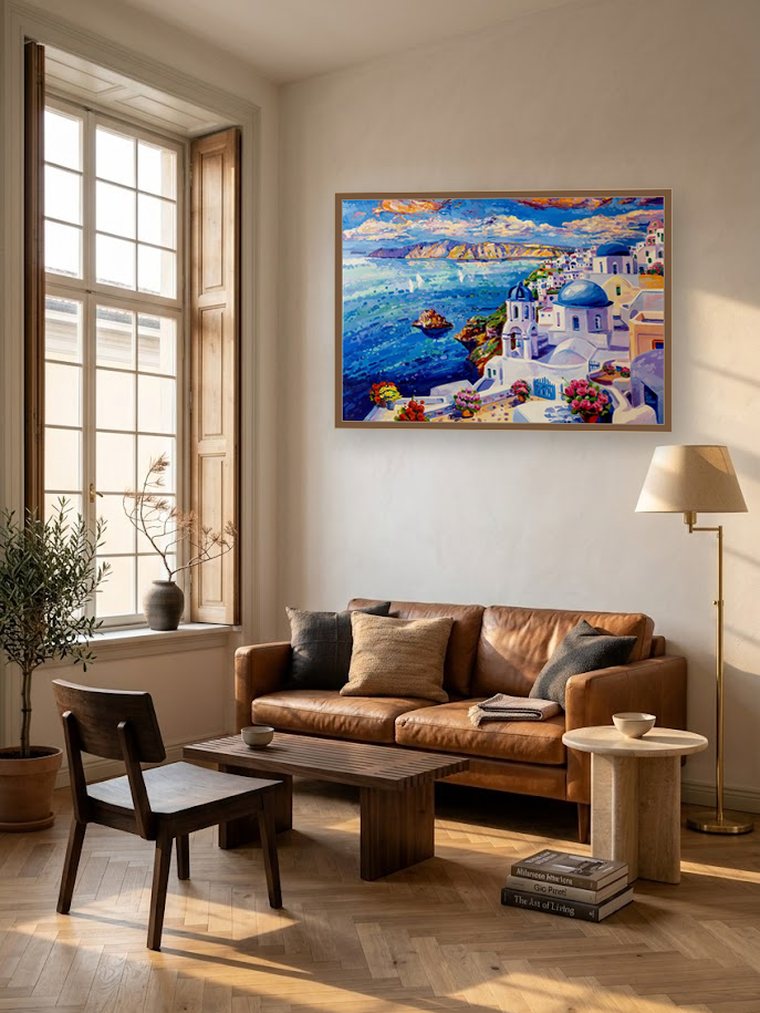 Santorini oil painting above a leather sofa in a warm Milanese living room