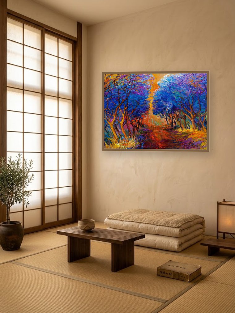 Colourful forest path oil painting in a tatami room with paper screens