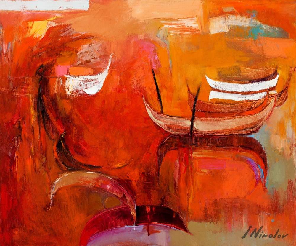 Abstract Boats on the Shore — original oil painting by Ivailo Nikolov