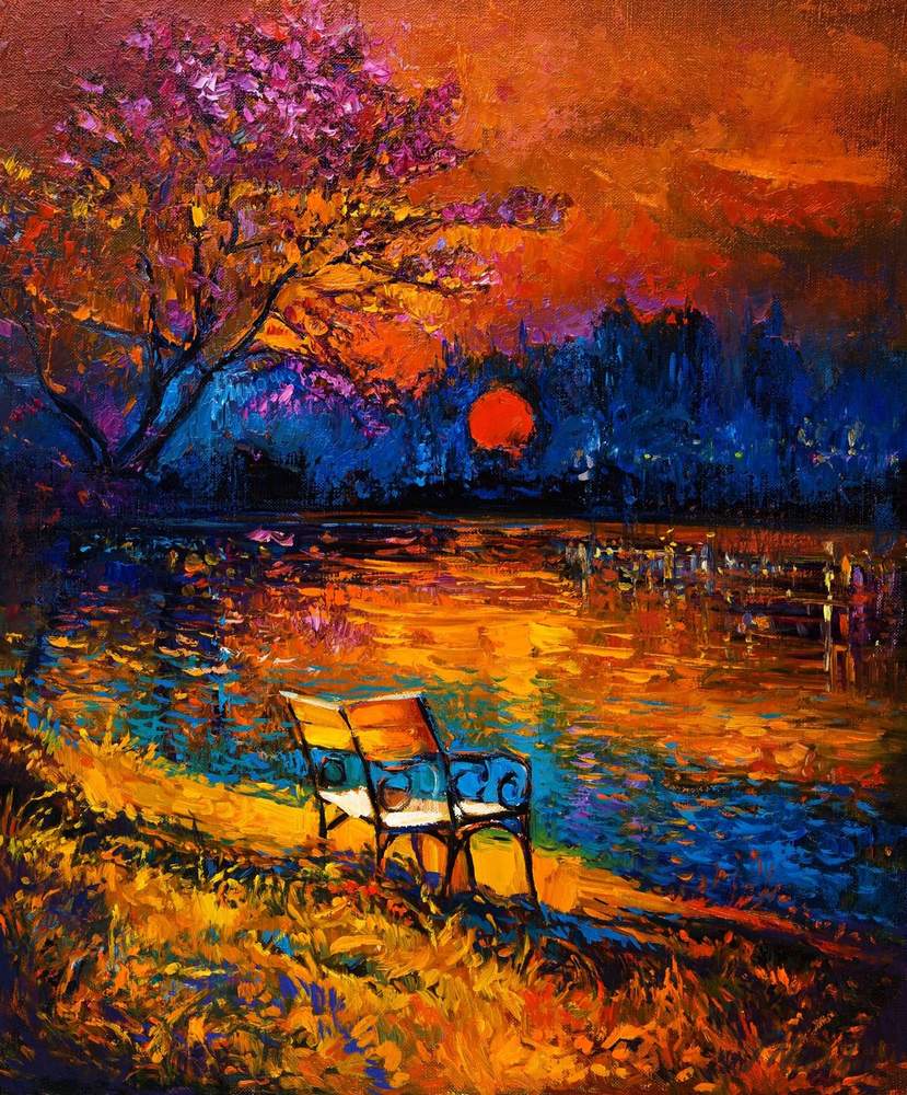 Bench by the Lake at Sunset — original oil painting by Ivailo Nikolov