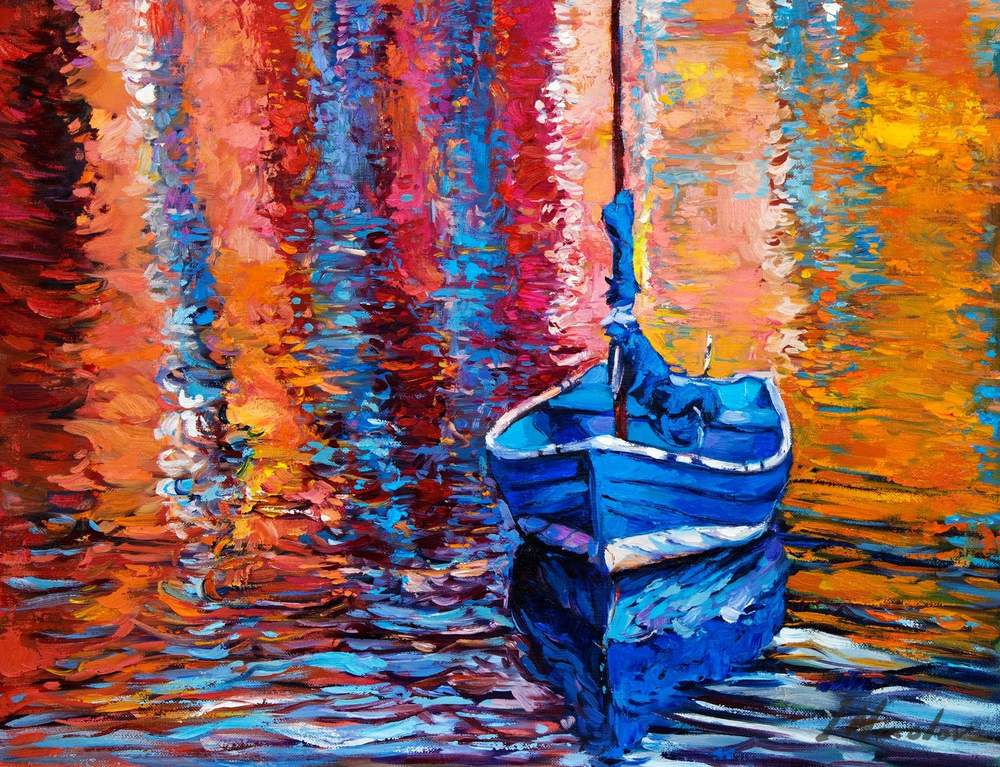 Blue Boat in Reflections — original oil painting by Ivailo Nikolov