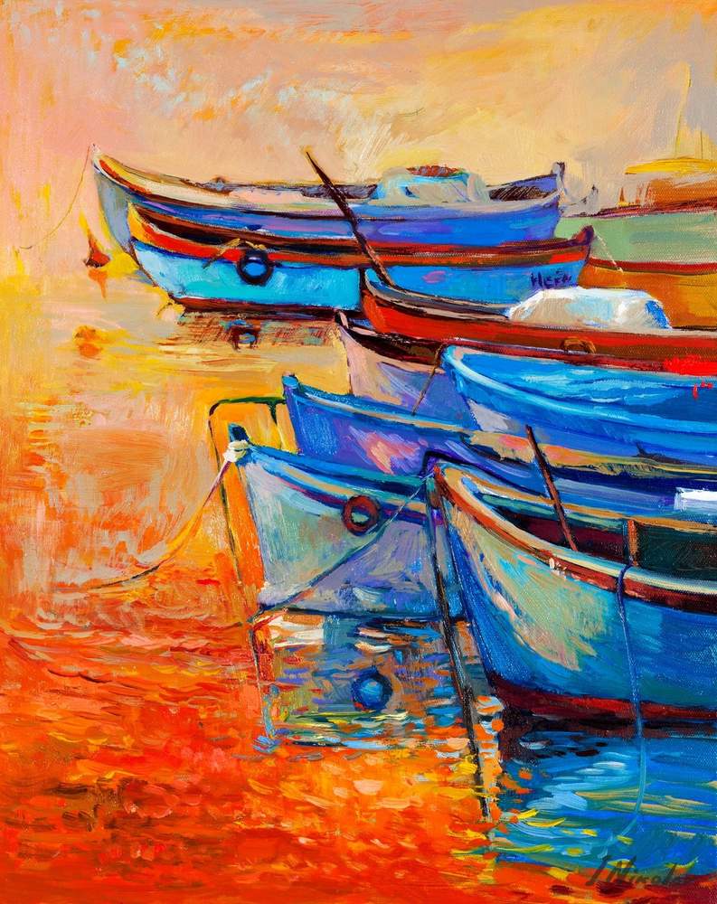Blue Boats at the Dock — original oil painting by Ivailo Nikolov