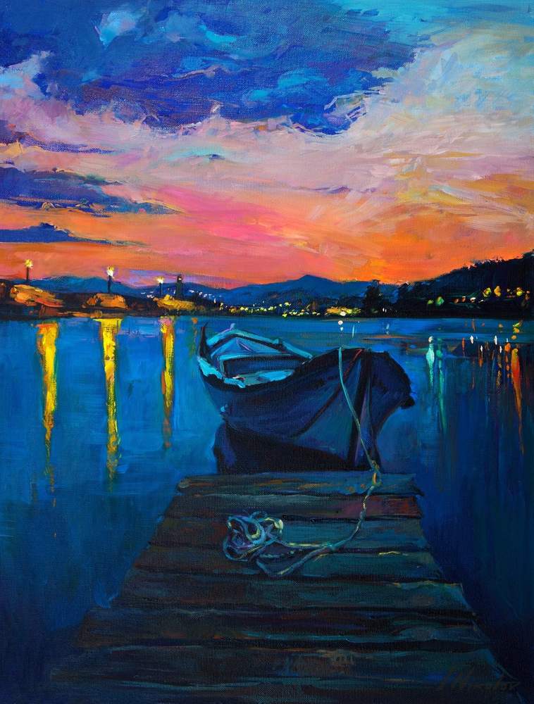 Boat at the Dock, Blue Dusk — original oil painting by Ivailo Nikolov