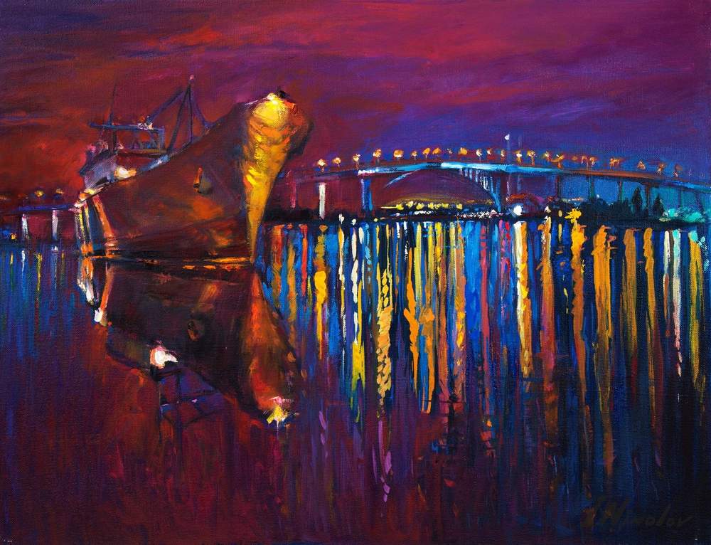 Boat at the Pier, Evening — original oil painting by Ivailo Nikolov
