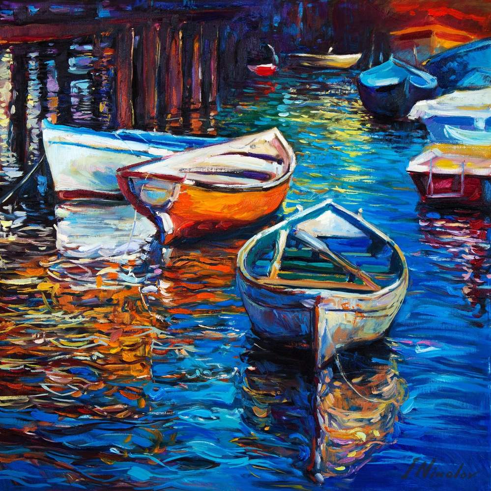 Rowboats at Golden Hour — original oil painting by Ivailo Nikolov