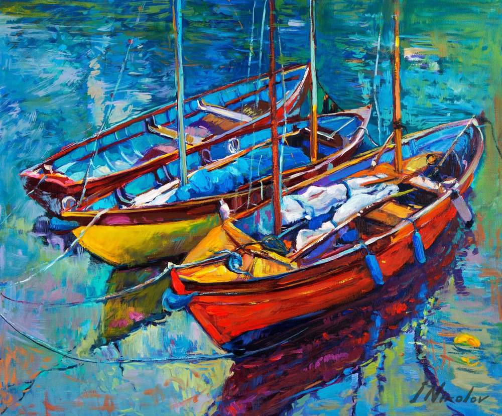 Boats in the Harbor — original oil painting by Ivailo Nikolov