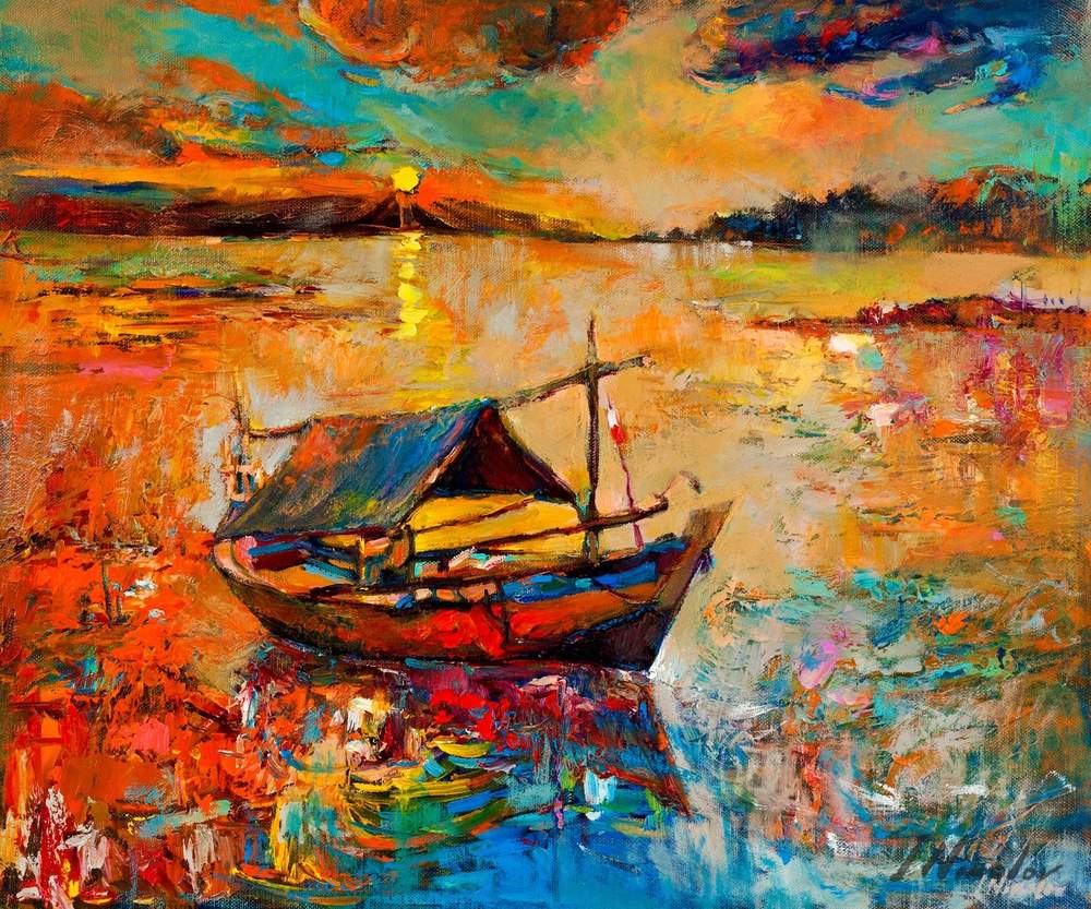Fishing Boat on the Lake — original oil painting by Ivailo Nikolov