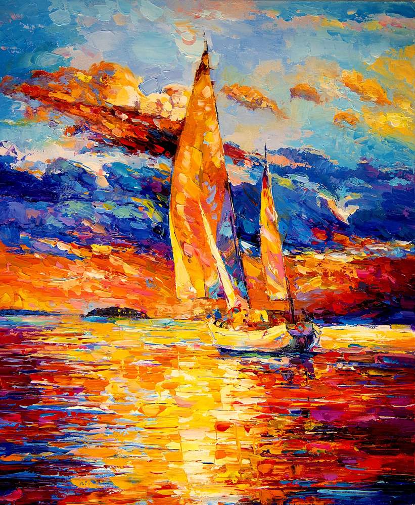 Golden Sails at Sunset — original oil painting by Ivailo Nikolov