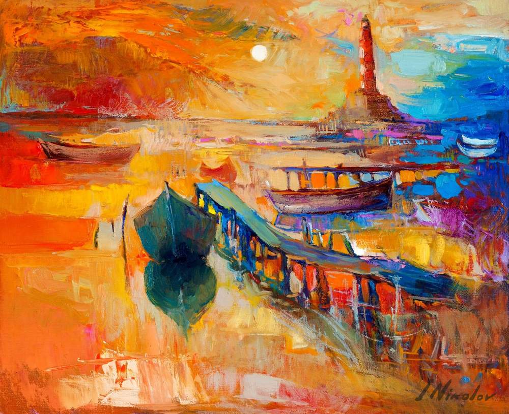 Harbor with Lighthouse — original oil painting by Ivailo Nikolov