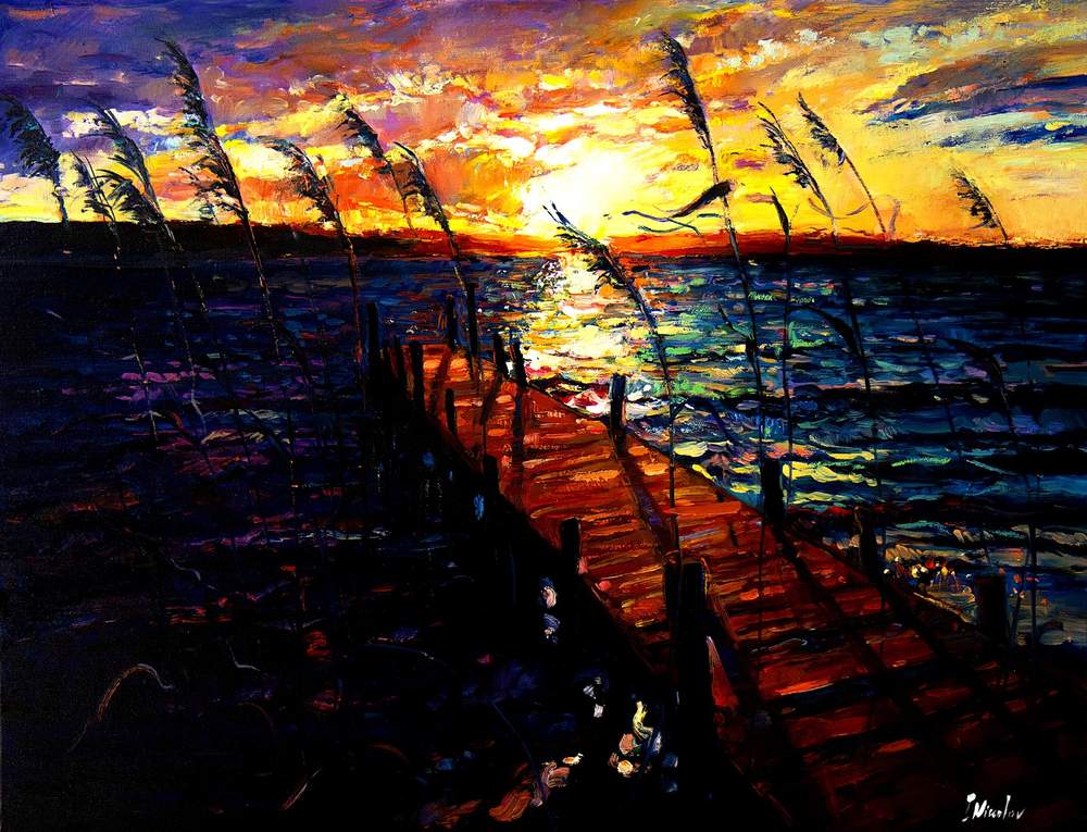 Windswept Reeds at the Jetty — original oil painting by Ivailo Nikolov
