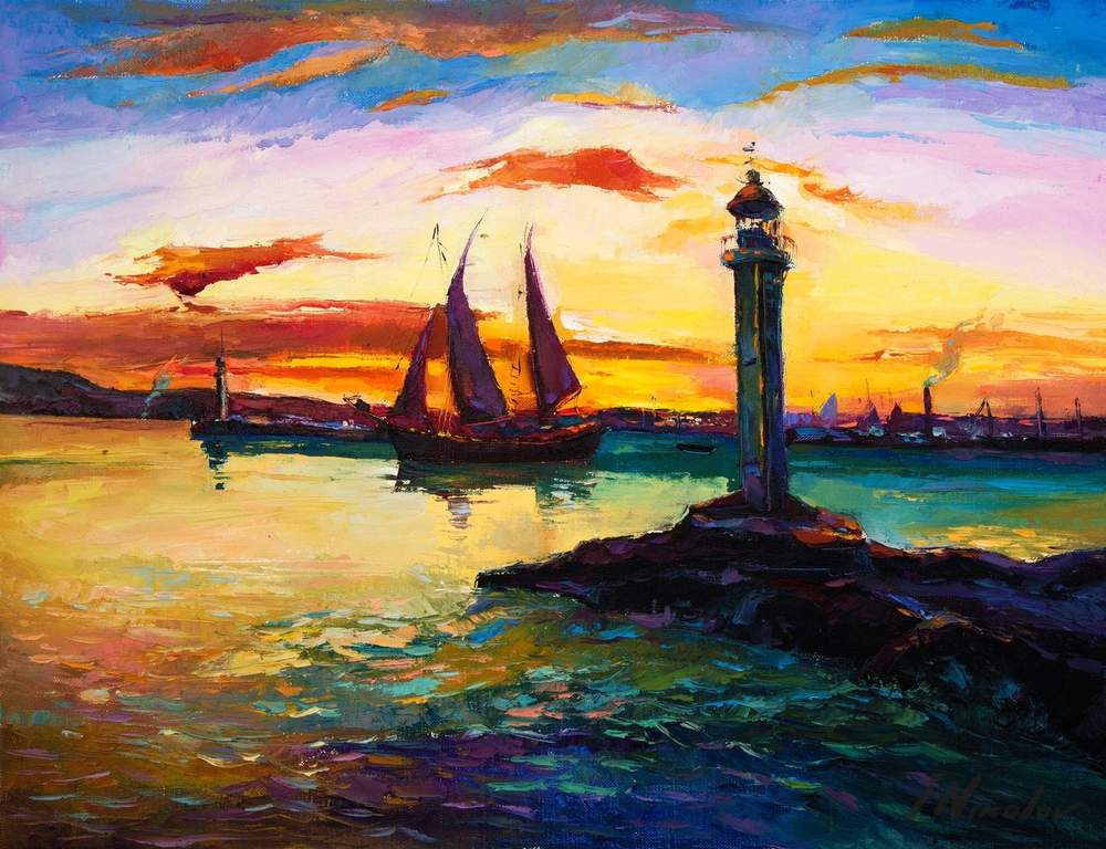 Lighthouse and Sailboat — original oil painting by Ivailo Nikolov