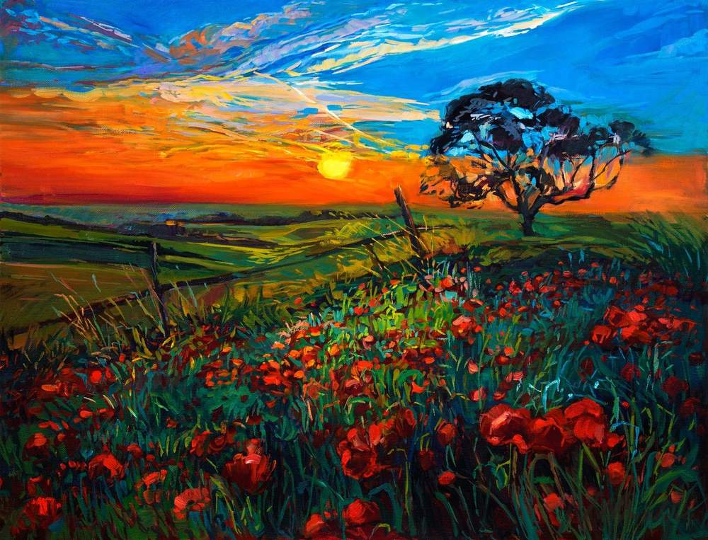 Poppies by the Fence — original oil painting by Ivailo Nikolov