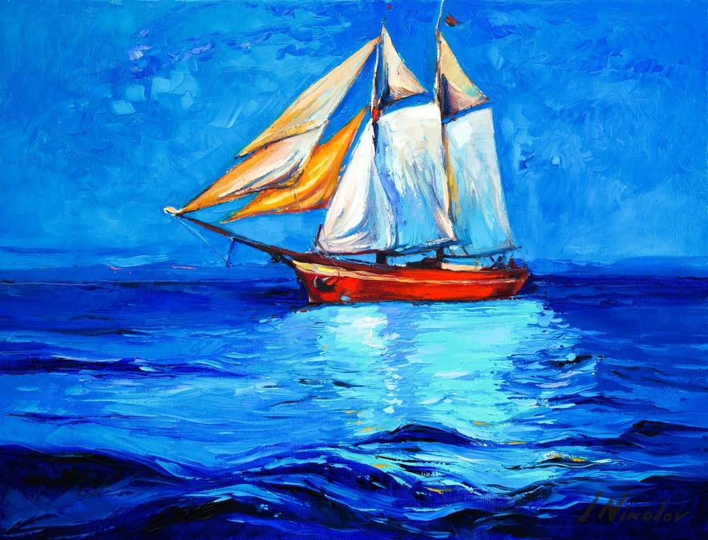 Red Sailboat on Deep Blue Sea — original oil painting by Ivailo Nikolov