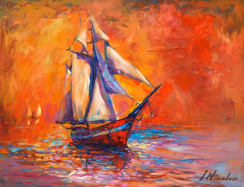 Schooner in Orange — original oil painting by Ivailo Nikolov