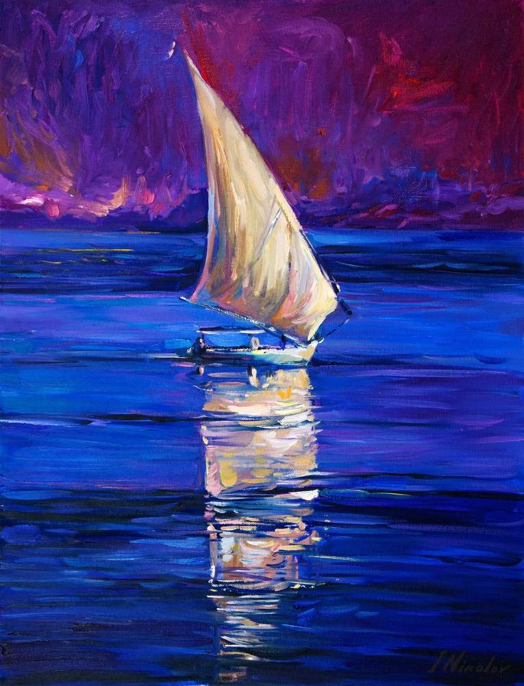 Sailboat in a Purple Sunset — original oil painting by Ivailo Nikolov