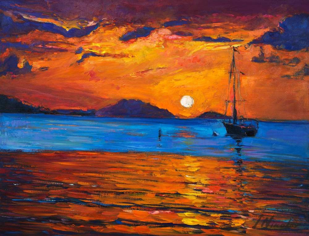 Ship in the Harbor at Night — original oil painting by Ivailo Nikolov