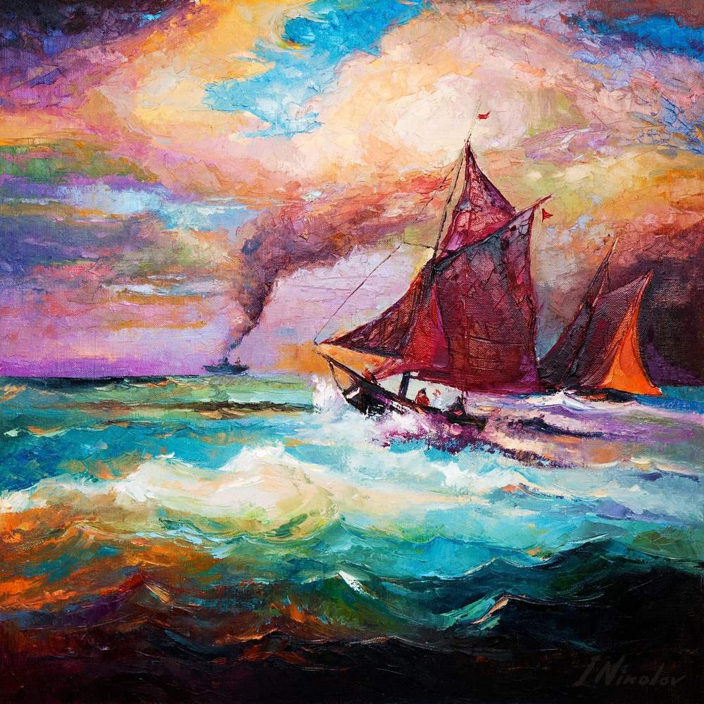 Schooner in Stormy Seas — original oil painting by Ivailo Nikolov
