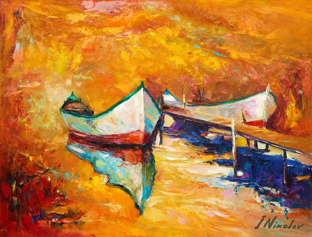 Boats at Golden Sunset — original oil painting by Ivailo Nikolov