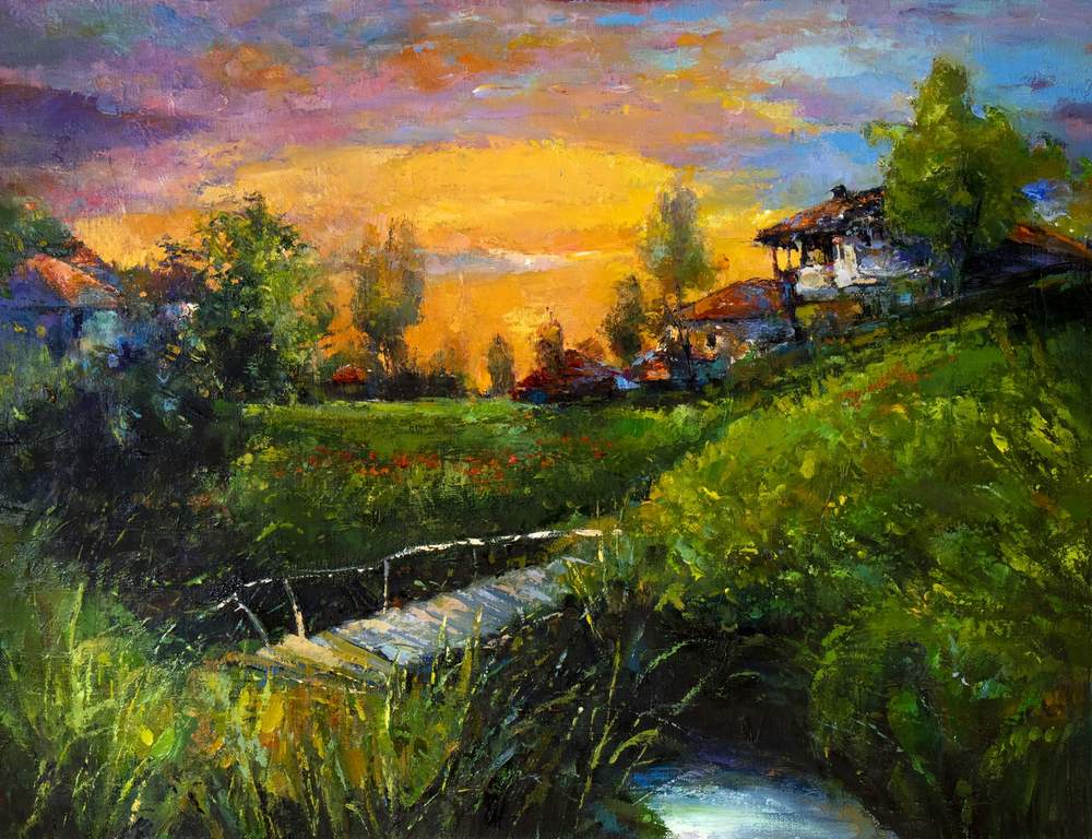 Village by the Stream — original oil painting by Ivailo Nikolov